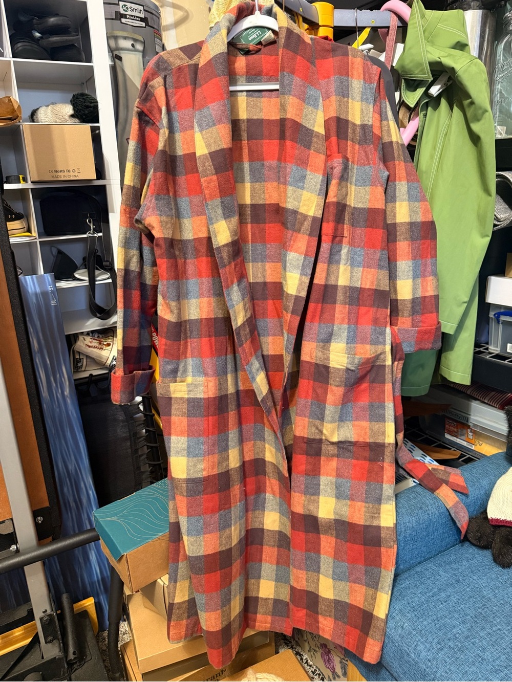 L.L. Bean Red Multi Plaid Long Trench Coatigan